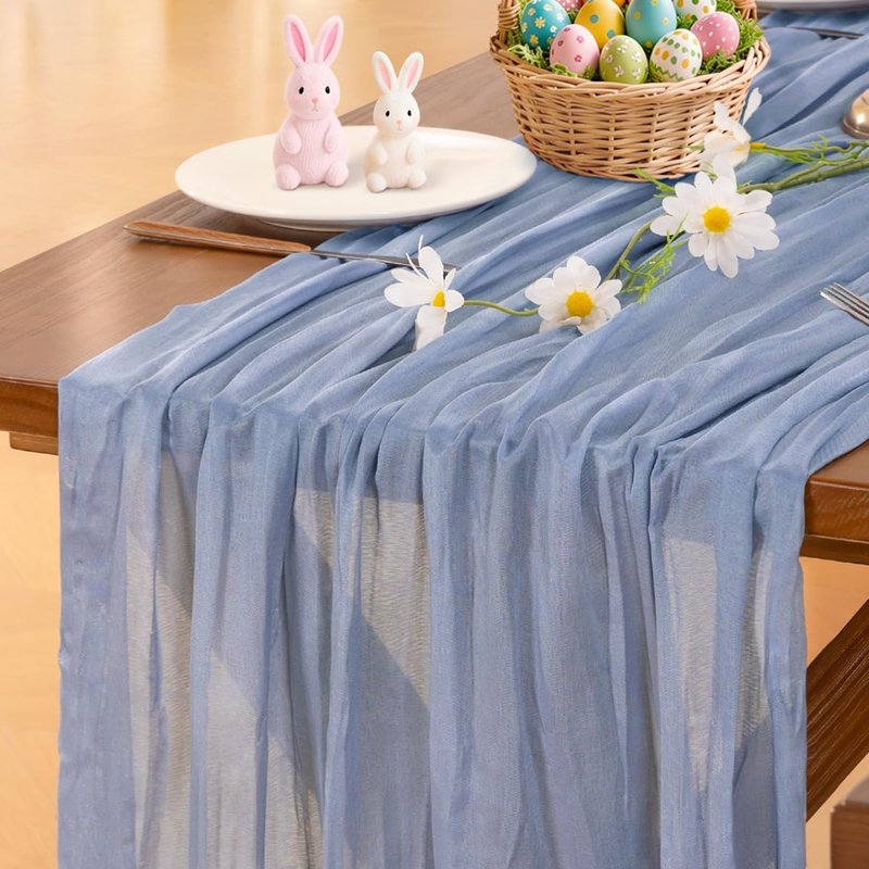 Socomi Dusty Blue Summer Cheesecloth Table Runner Boho Rustic Gauze 120 inch 10FT Cheese Cloth Sheer Runner for Wedding Party Baby Shower Birthday Home Decor Holiday Decorations