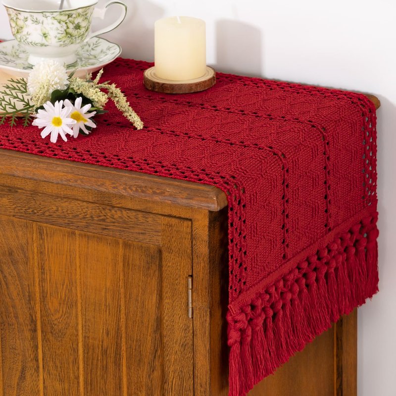 Socomi Boho Table Runner Macrame Long Summer Farmhouse Woven Cotton Linen Rustic Coffee Table Runner with Tassels for Dresser Scarf Home Decor Dining Room 12x108 in Red