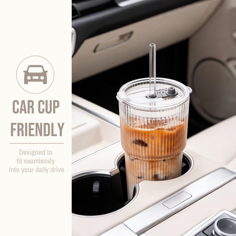 SoulTimes 20oz Glass Cups with Lids and Straws, Ribbed Glass Tumbler for Iced Coffee, Smoothie, Juice & Cold Drinks, Reusable Thick Glassware Set, Elegant Home & Travel Drinkware【2 Pack】