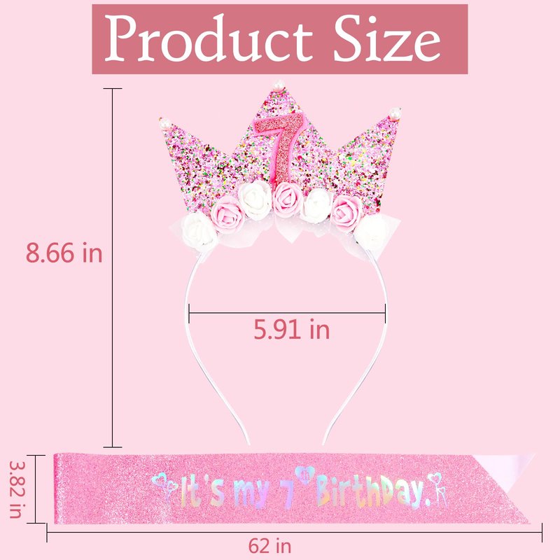 Vovii 7th Birthday Headband & Sash Set - Floral Princess Crown Headband for Birthday Girl Dress Up, Photo Prop & Party Decorations