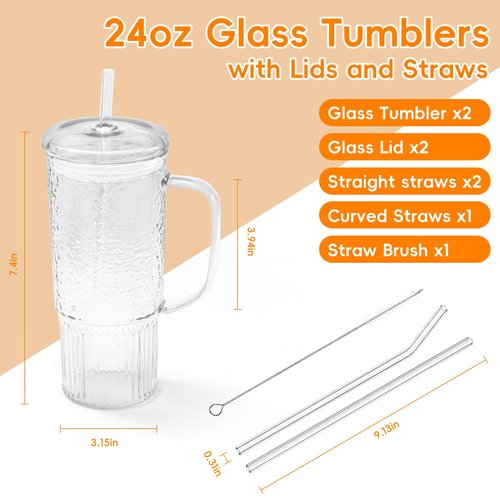 GOSCHE Glass Cups with Lids and Straws, 24oz Clear Iced Coffee Cups with Handle, Glass Tumbler with Straw and Lid for Smoothie Water Tea Juice, Clear, 2 Pack
