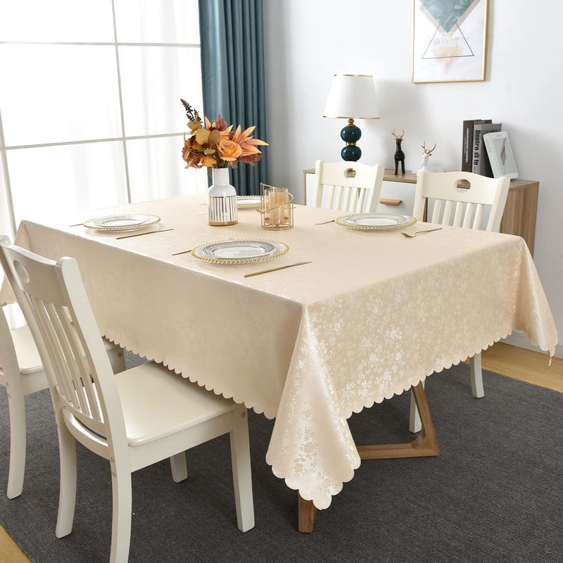 Romanstile Vinyl Tablecloth Rectangle, 100% Waterproof Outdoor Heavy Duty Thick Table Cloth with Flannel Backing, Wipeable Plastic PU Table Cover for Picnic Dining Party (Rose Beige, 60 x 84)