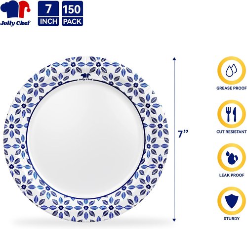 JOLLY CHEF 7-Inch Heavy Duty Disposable Paper Plates - 150 Count, Soak Proof & Cut Proof