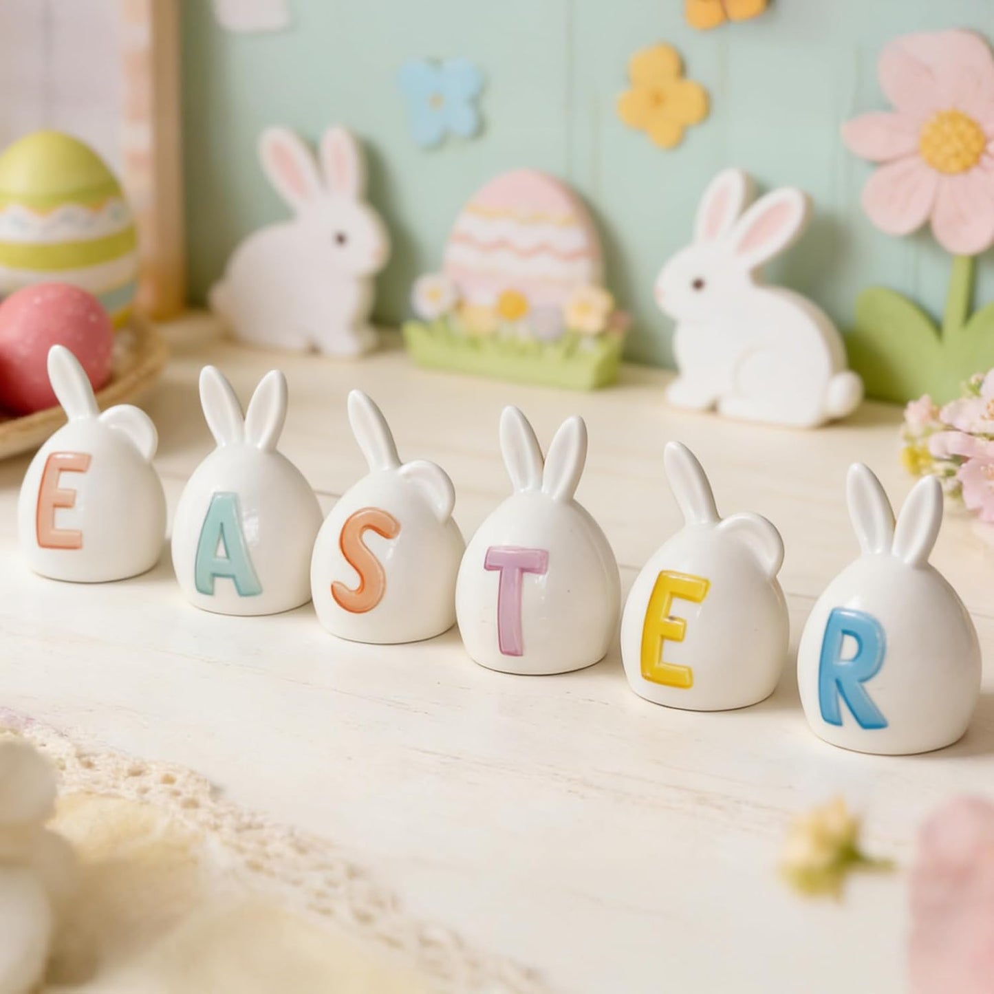 Nerosun Easter Bunny Decorations - 6 Pack Ceramic Lighted Rabbit Figurines | Spring Table Centerpiece