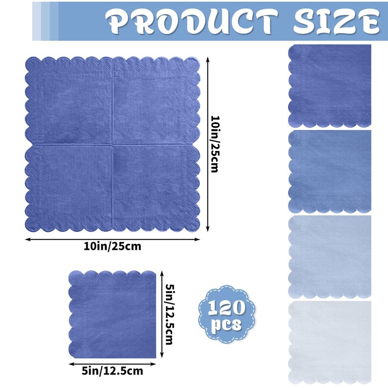 Xiangqu 120 Pack Dusty Blue Napkins, 5 x 5 Inch Boy Baby Shower Napkins Gradient Blue Cocktail Napkins Scalloped Napkins Beverage Napkins for Dinner Wedding Baby Shower Bridal Anniversary Reception