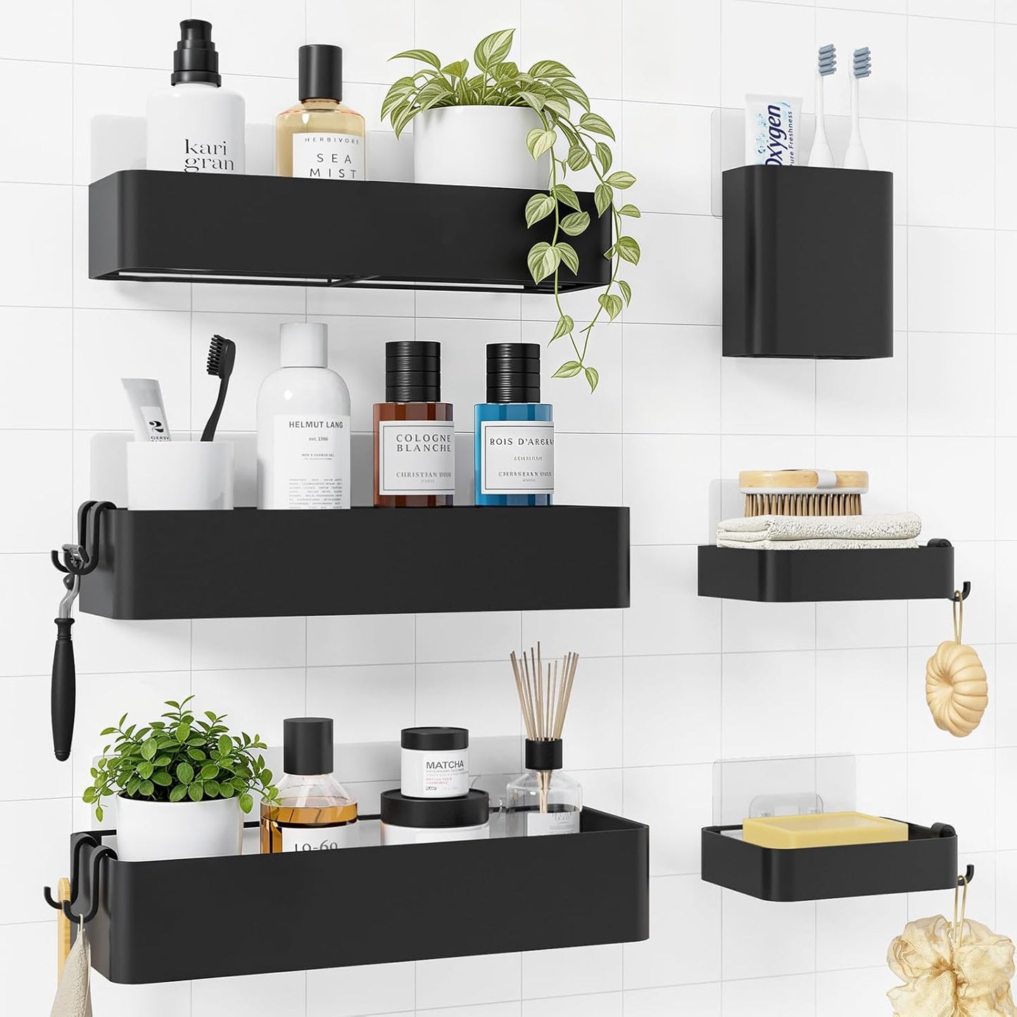 Kitsure Shower Caddy Adhesive - No-Drill Bathroom Organizer with Soap Holder & Hooks | Rustproof, Black