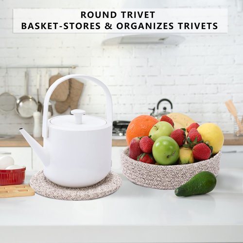 Coga Trivets for Hot Dishes, Trivets for Hot Pots and Pans, 7 Inchs Hot Pads 4 Pcs and Storage Basket for Countertops, Pot Holders for Kitchen, Cotton Table Protector Hot Mats Heat Resistant (Brown)