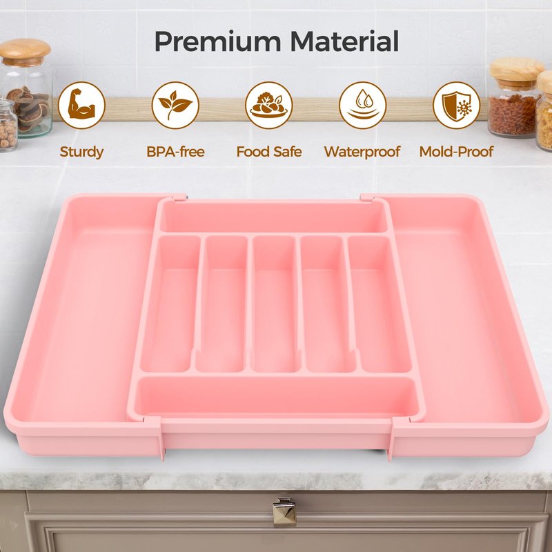 ukeetap Extra Large Expandable Silverware Organizer, BPA-Free Food-Safe Cutlery Flatware Organizer, Kitchen Utensil Drawer Organizer, Adjustable Silverware Holder for Spoons Forks Knives, Pink