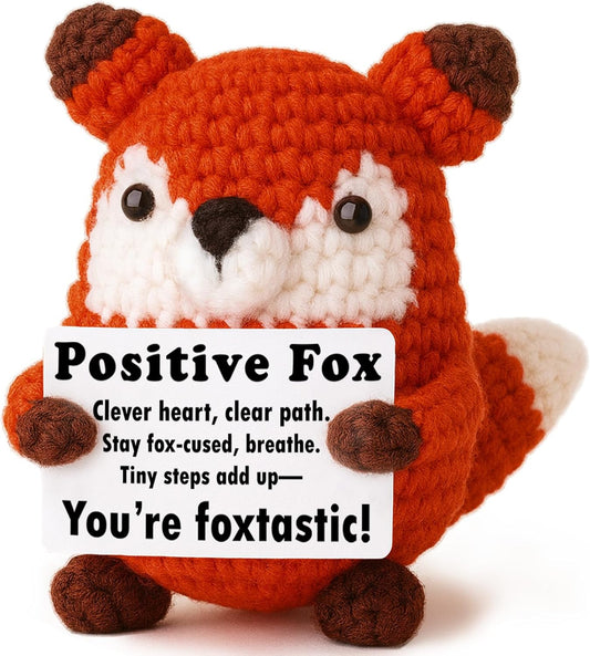 Positive Focus Mini Crochet Fox Plush - Kawaii Desk Decor & Motivational Gift for Year-Round Celebrations