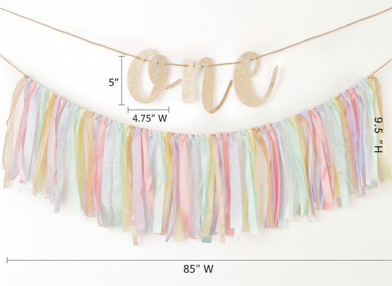 PapaKit Girls 1st Birthday High Chair Premium Decoration Set - Pastel Rainbow Ribbon Garland, Crown, One Banner & Cake Topper | Unicorn, Donut & Ice Cream Theme Cake Smash Photo Pro