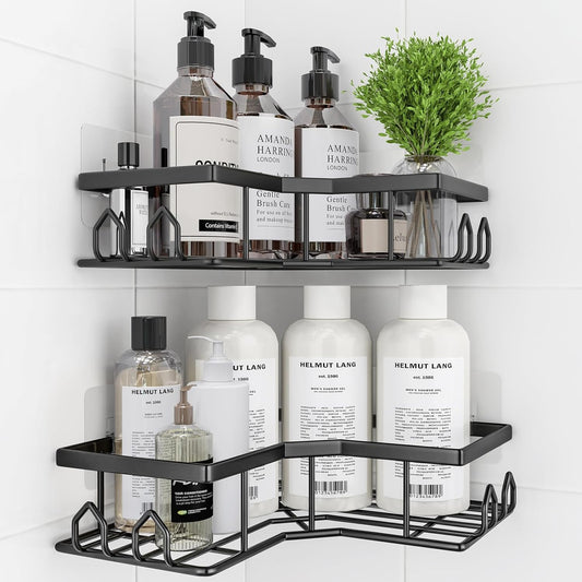 Skiennix Adhesive Shower Caddy - 2 Pack Rustproof Stainless Steel Corner Shelves | No Drilling, Large Capacity