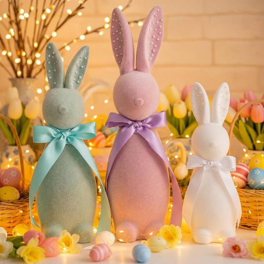 Wesiti Flocked Bunny Easter Decorations - 3 Pack Pastel Bow Table Centerpieces (8", 10", 12")