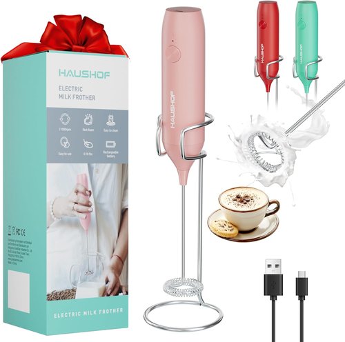 HAUSHOF Rechargeable Milk Frother Wand - Handheld Electric Foam Maker with Stand & Detachable Whisk | Pink