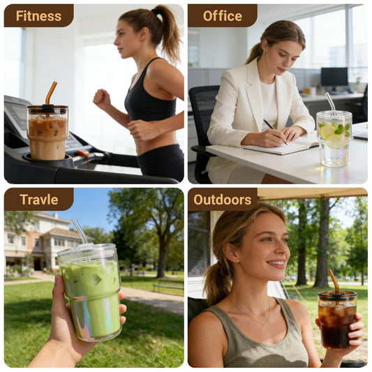 Luxfuel 16 oz Glass Tumbler with Lid & Straw, Reusable Iced Coffee Cup & Smoothie Cup, Leak-Proof Borosilicate Glass for Coffee, Iced Tea, Water – 1 Pack, Ideal for Office, Home & Travel, Amber