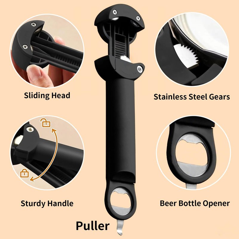 7 in 1 Jar Opener, Multifunctional Retractable Bottle Opener, Magnetic Can Opener, Suitable for Elderly People with Hand Weakness, Arthritis, Weak People, Kitchen Lid Opener, Black