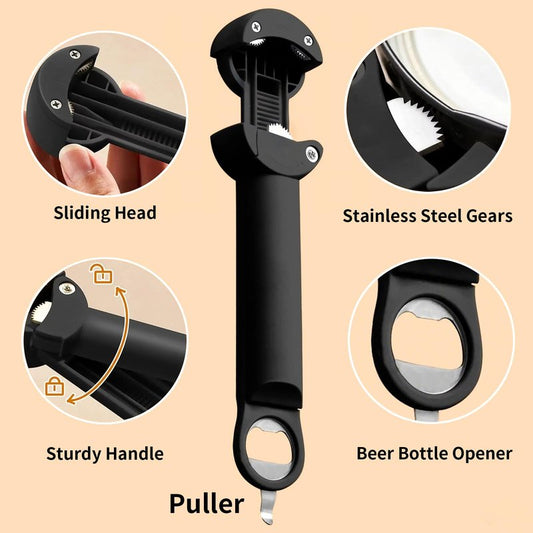 7 in 1 Jar Opener, Multifunctional Retractable Bottle Opener, Magnetic Can Opener, Suitable for Elderly People with Hand Weakness, Arthritis, Weak People, Kitchen Lid Opener, Black