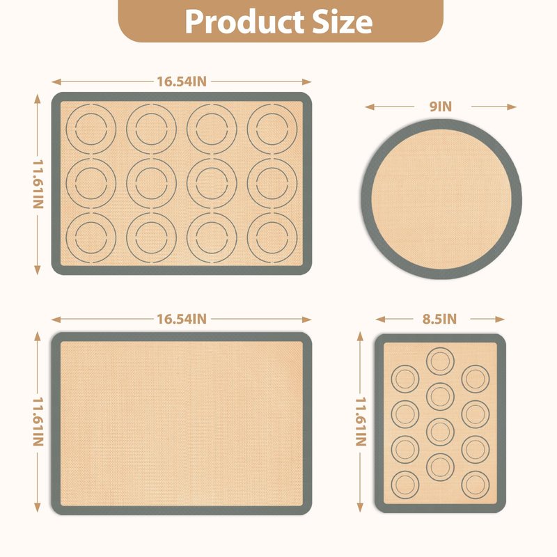 Silicone Baking Mat Set of 4, Nonstick Reusable Macaron Silicone Baking Mat & Round Pizza Mat, Cookie Baking Supplies for Macaroons, Pastry, Pizza, Gray