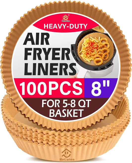 Air Fryer Paper Liners - 100PCS Non-Stick Parchment Paper for 5-8QT Air Fryers | 8 Inch Round Disposable Liners