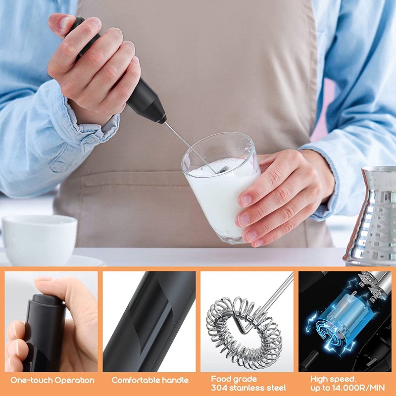 Milk Frother for Coffee, Handheld Battery Operated Electric Milk Frother for Coffee, Latte, Hot Chocolate, Macha, Portable Mini Drink Mixer Blender with Stainless Steel