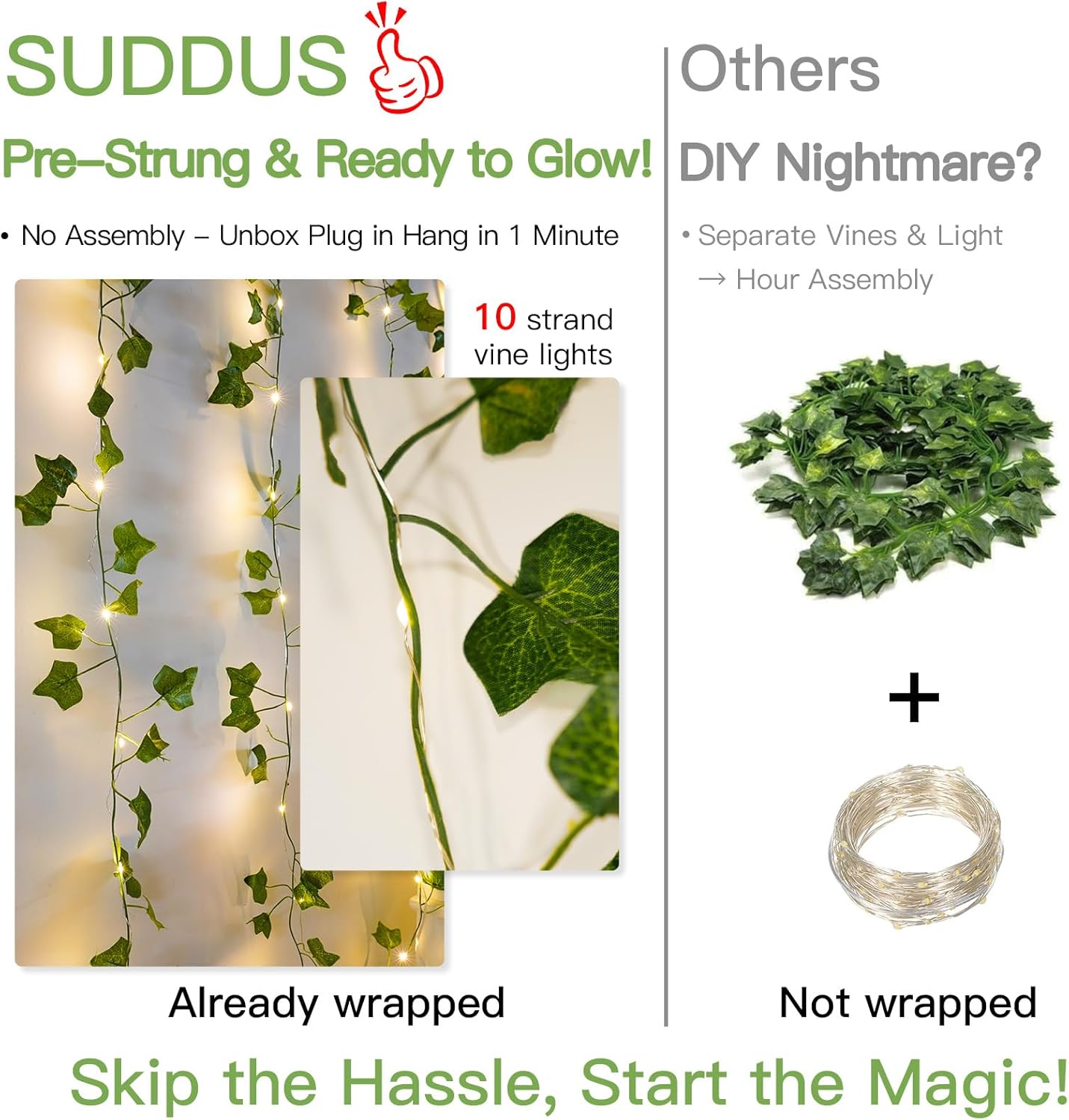 Suddus Vines with Lights - 150 LED Fairy Lights for Bedroom & Decor | 6.5ft x 4.9ft Ivy Curtain Lights