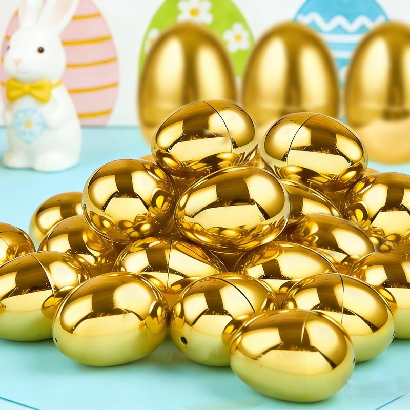 AMENON 3.15" Golden Easter Eggs, 36PCS Fillable Plastic Eggs Empty Surprise Gold Eggshells with Hinge for Easter Hunt Easter Basket Stuffers Fillers Classroom Prize Supplies Filling Treats Party Favor