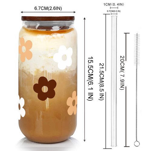 Glass Cups with Lids and Straws, Can Shaped Glass Cups, 20OZ Glass Cups, Drinking Glasses, Iced Coffee Glasses Cup, Smoothie Cups, Tumbler Glass, Reusable Iced Coffee Cup Drinking Glasses -Set of 2