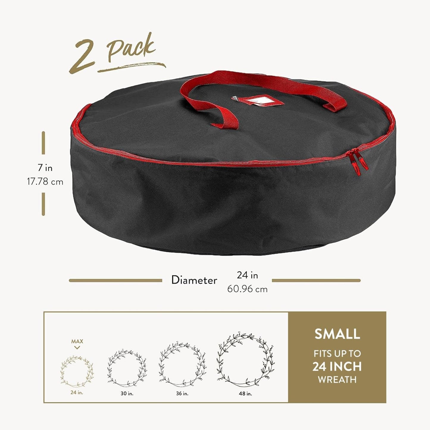 ZOBER Wreath Storage Bag - Waterproof 24 Inch Oxford Container for Artificial Wreaths - Durable Dual Zippered Design, Black