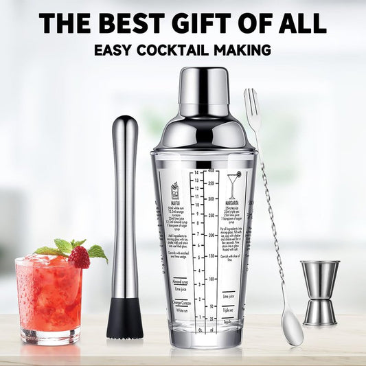 OBALY Glass Cocktail Shaker Stainless Steel Leak-Proof Lid Boston Shaker Martini Shaker Beginner Bartender Kit with Jigger 22oz Mixed Drink Shaker with Measurements Ice Shaker Mixing Glass Bar Tools