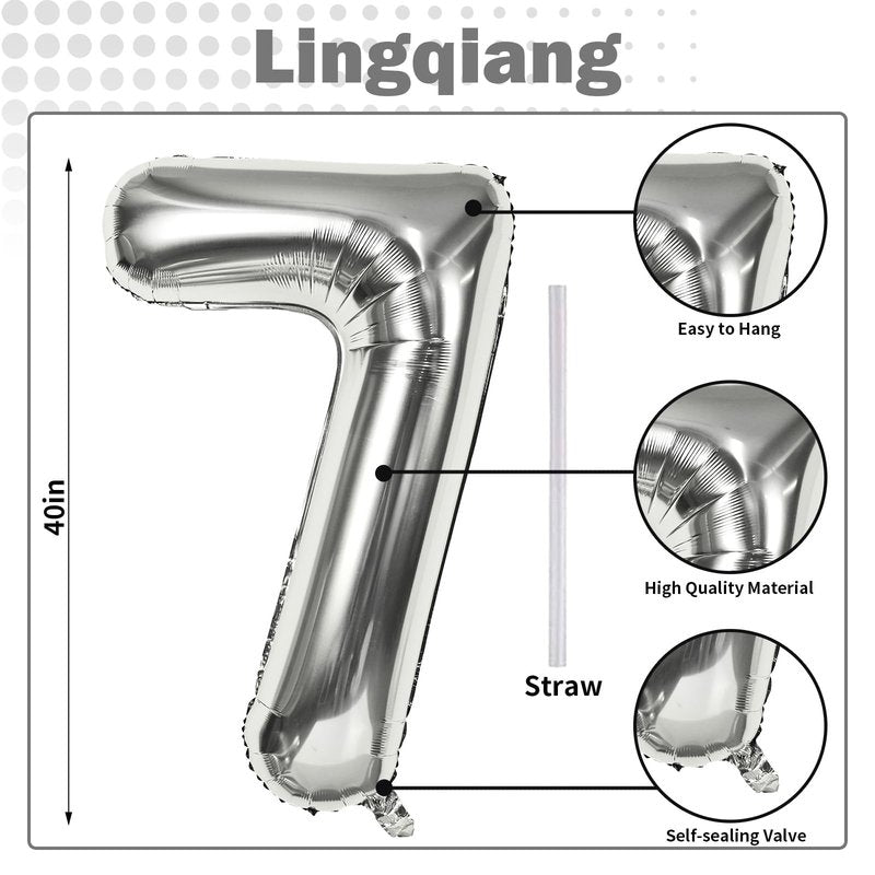 40'' Silver Number 7 Balloons, Self Inflating Foil Number Balloons Set 0-9 for Women Men, Large Digital 7 Helium Balloon for Girls Boys 7th Birthday Party New Year Decorations Anniversary Supplies