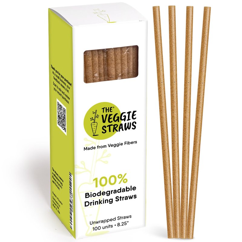 The Veggie Straws – 100 PCS of 8.25 Inches Unwrapped Biodegradable Straws – Made of Vegetable Fibers, Best Environment Friendly Drinking Straws for Hot and Cold Beverages