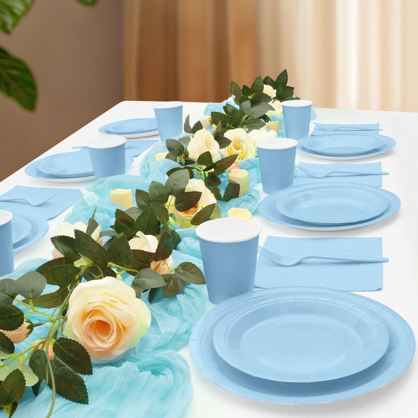 CENLBJ Light Blue Paper Plates and Napkins Party Supplies, Include 9’’Disposable Blue Plate, 7’’Dessert Plates Cups Napkins Forks for Baby Shower, Wedding, Birthday Decorations, Serves 25