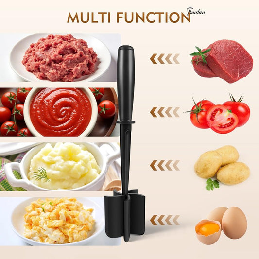 ZASZO Meat Masher, Ground Beef Chopper Tool with 5 Curve Blades & Ergonomic Non-Slip Handle, Nylon Hamburger Smasher Tool Heat Resistant Non Stick(Black)