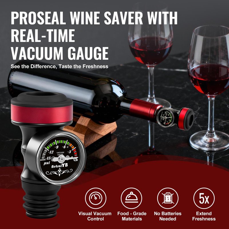 2 Pack Wine Vacuum Saver Sealer with Real-Time Pressure Gauge, Reusable Bottle Stoppers for Red & White Wine Preservation - Airtight Seal, Keep Fresh 5X Longer (Includes Hand Pump)