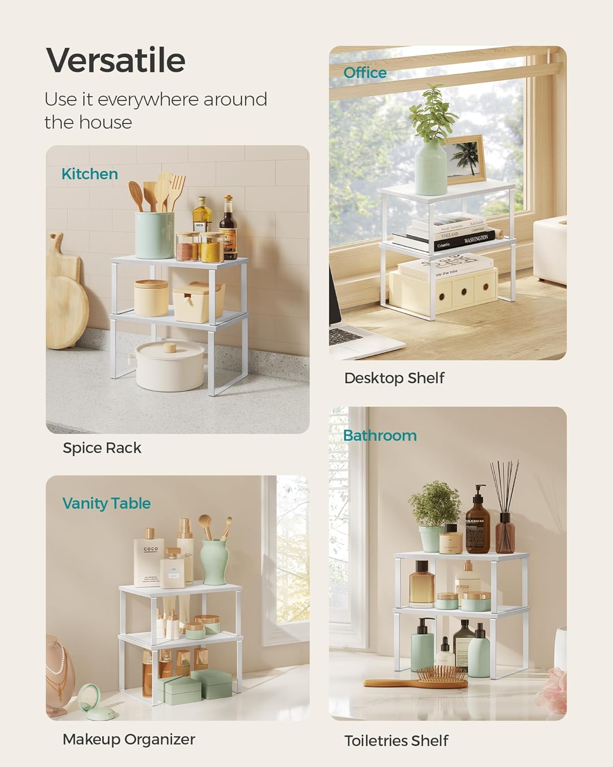 SONGMICS Kitchen Organizer Shelves - Set of 2 Stackable Spice Racks | Metal & Engineered Wood, Cloud White
