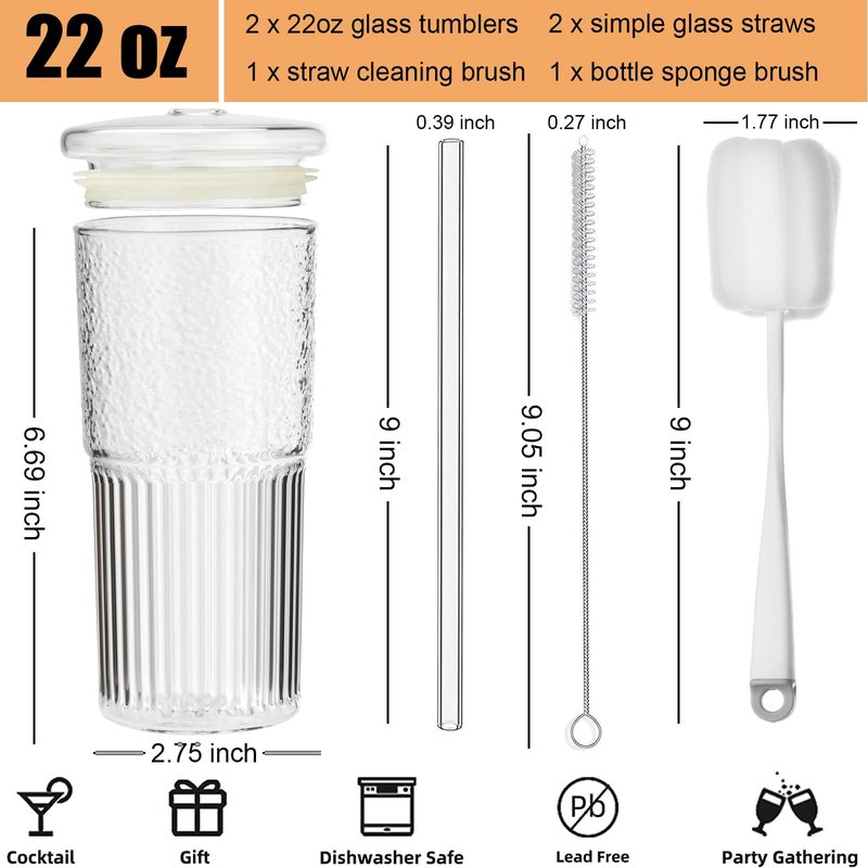 ALINK Glass Cups with Lids and Straws, 22 oz High Borosilicate Clear Iced Coffee Glass Tumblers, Drinking Glass Smoothie Tea Water Cups, Pack of 2 with Cleaning Brush