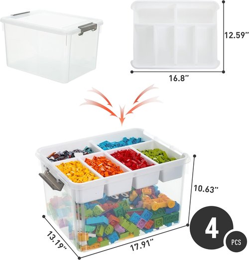 Citylife 32 QT Plastic Storage Bins - Large Stackable Containers with Removable Tray | Organize Crafts, Clothes & Office Supplies (4 Pack)