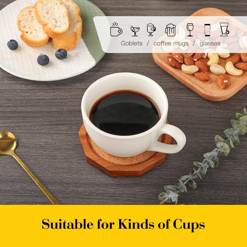LiWiBet Wood Cork Coasters for Drinks Absorbent with Holder, 4.33in Decagonal Shape Acacia Wood Coaster Set Drink Coasters for Cups, Mugs, and Glasses - Handcrafted, Durable, and Stylish