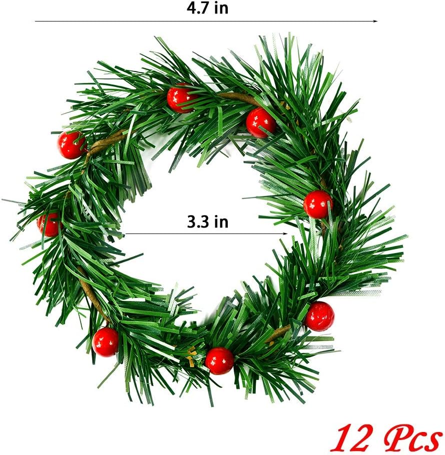 YBB Christmas Candle Rings - 12Pcs Small Artificial Red Berry Wreath Holders for 3-Inch Pillar Candles | Rustic Wedding Decor