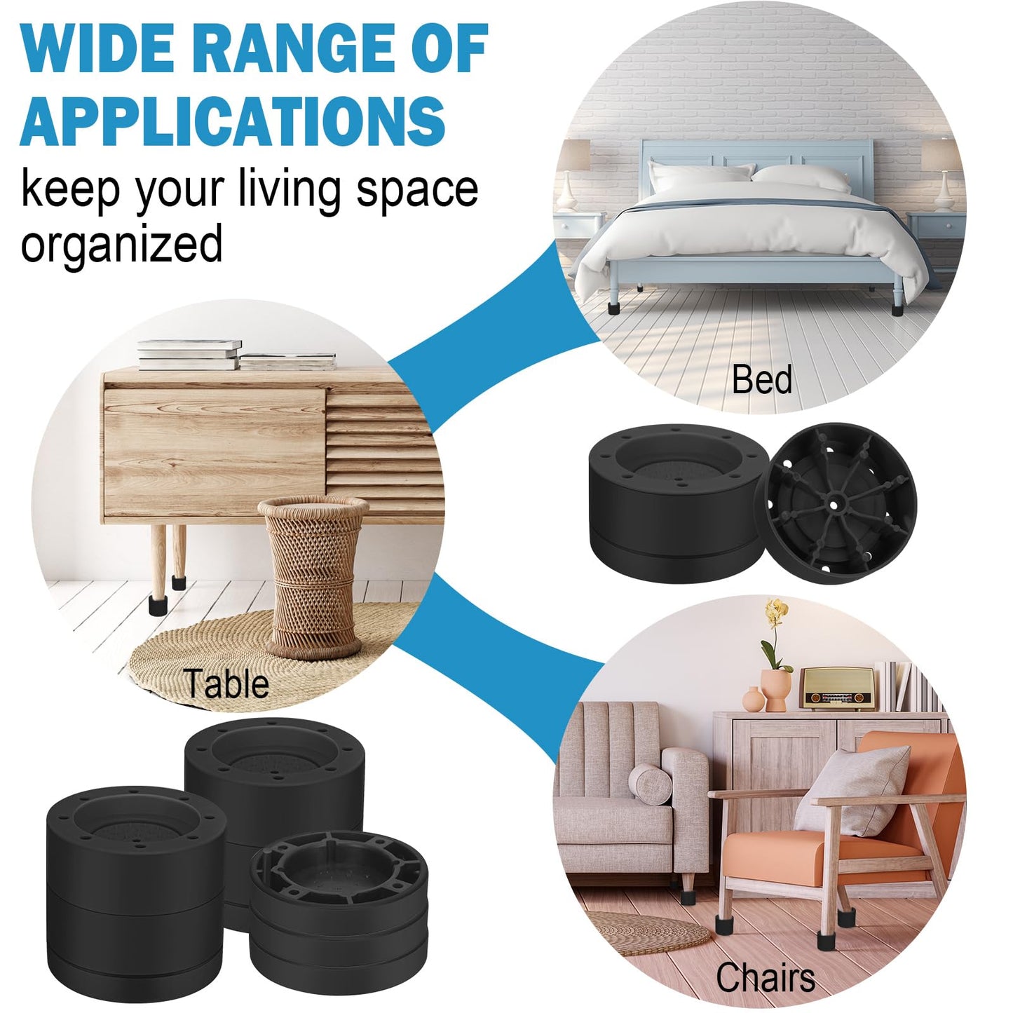 Treela 16 Set Furniture Bed Risers Adjustable Bed Risers Lifts Height 0.5" 1" 1.4" 2.4" or 5.3" Stackable Heavy Duty Furniture Height Extenders Lifts for Desk Table Chair(Black)