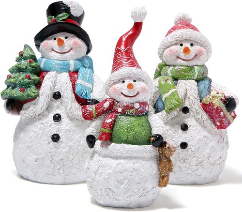 Hodao Snowman Figurines - Set of 3 Hand-Painted Resin Christmas Ornaments | Glitter Accents for Holiday Decor