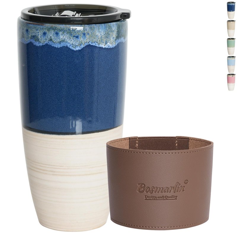 Bosmarlin Ceramic Travel Coffee Cup with Lid, 21 oz, Portable Coffee Mug for Car Cup Holder, Microwave and Dishwasher Safe, Reactive Glaze (Deep Blue)