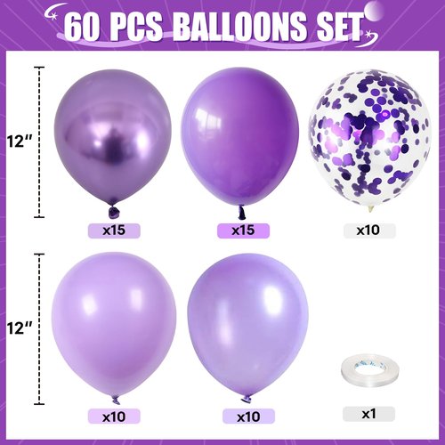HILAVO Purple Mixed Balloons, 60 PCS 12inch Lavender Balloons Metallic Purple Confetti Latex Balloon for Girls Women Birthday Baby Shower Bridal Shower Wedding Party Decorations