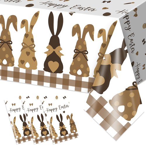 Avezano 3pcs Happy Easter Tablecloth 108 x 54 inch Buffalo Plaid Easter Party Tablecloths Rectangular Brown Bunny Plastic Table Cloth Disposable for Party Decorations