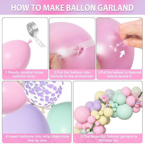 Amandir 153pcs Pastel Balloons Garland Arch Kit, Different Sizes 18 12 10 5inch Pastel Pink Yellow Green Purple Confetti Balloons for Bunny Hunt Spring Baby Shower Birthday Party Decorations