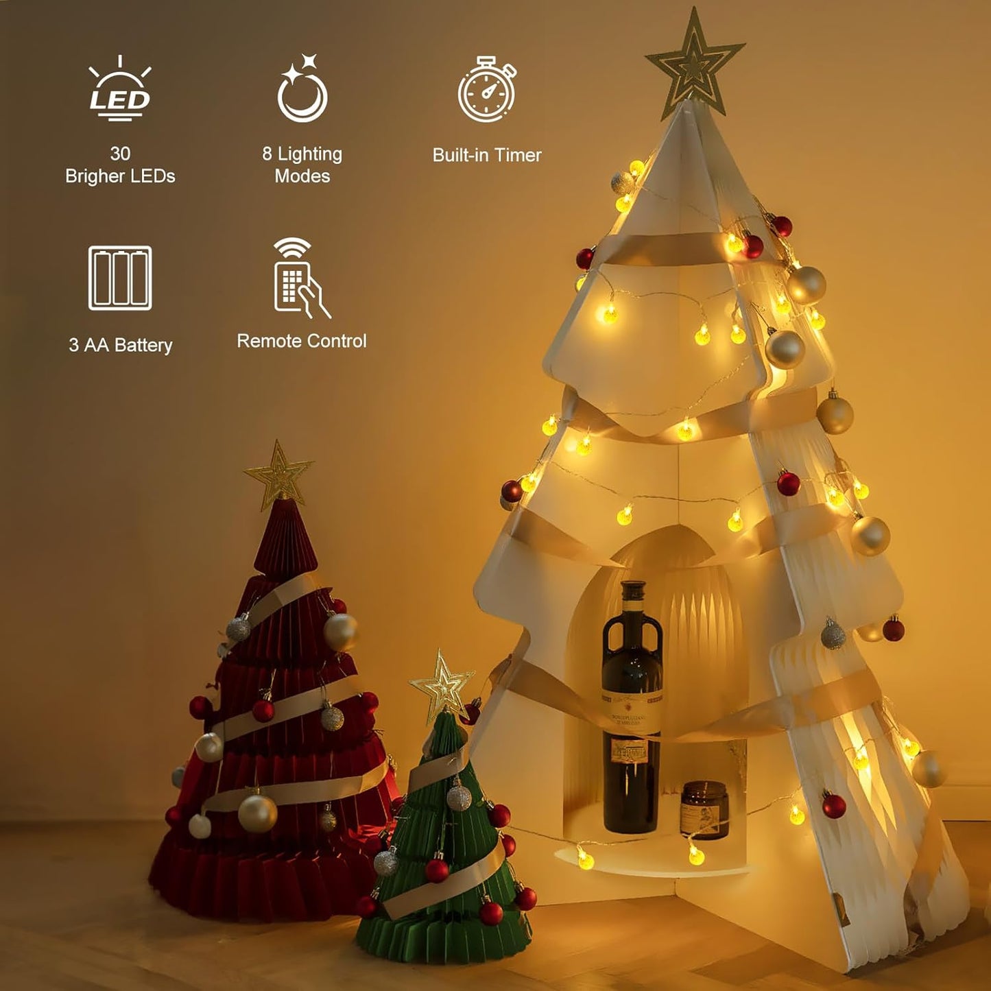 Minetom Crystal Globe String Lights - 30 LED Battery Operated Fairy Lights with Remote, 17 ft, Waterproof for Indoor/Outdoor Decor