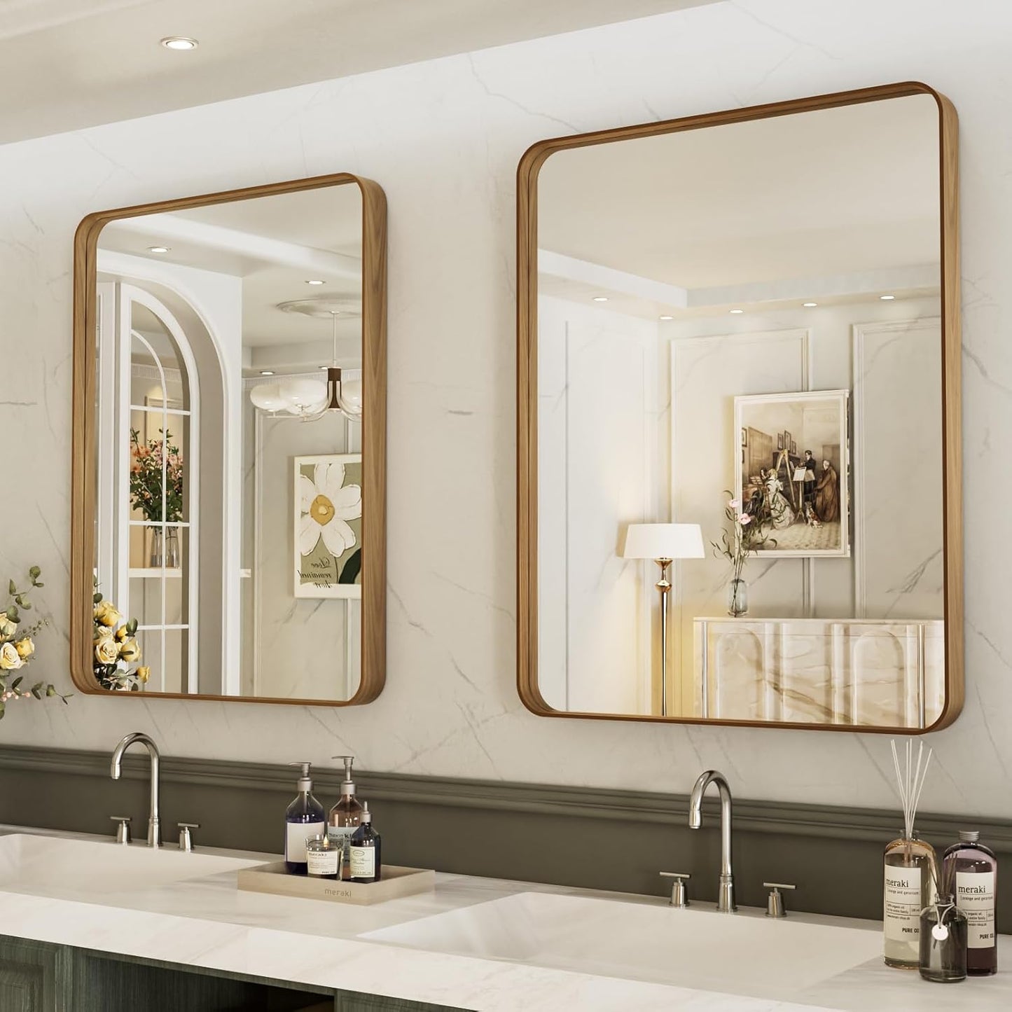 LOAAO Bathroom Mirror - 24x36 Inch Rounded Rectangle with Wood Grain Metal Frame | Anti-Rust, Versatile Hanging Options