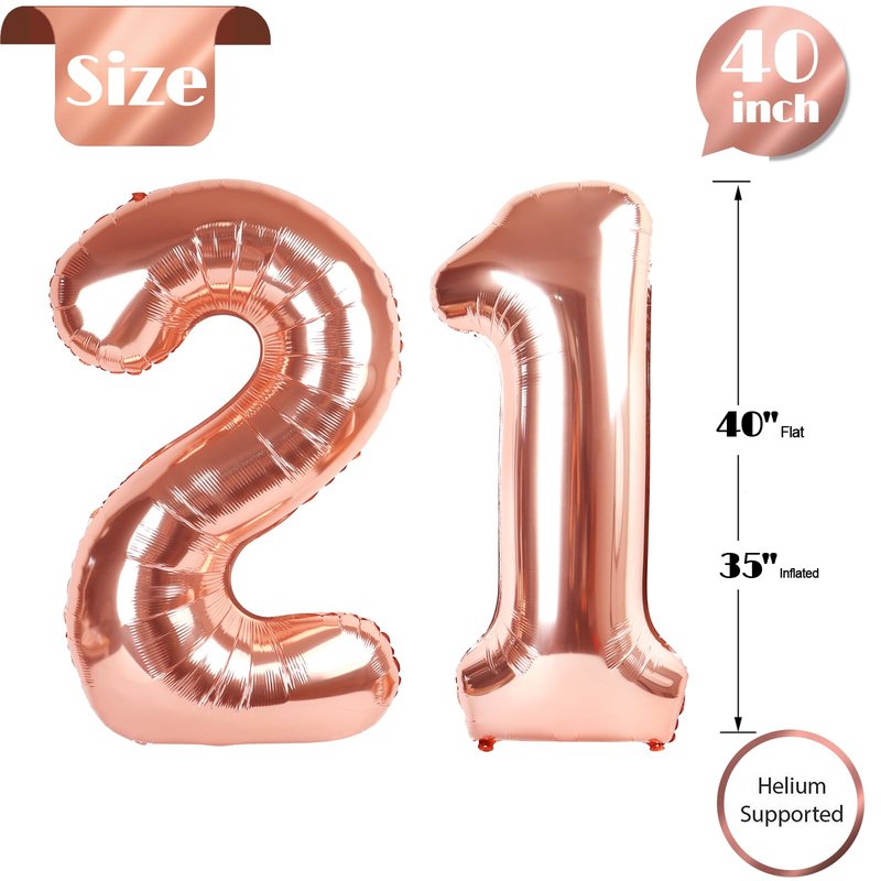 Rose Gold Number 21 Balloon 40 inch, 21 Number Balloons, 21st Birthday Decorations, 21 Year Old Women Men Rose Gold Party Supplies