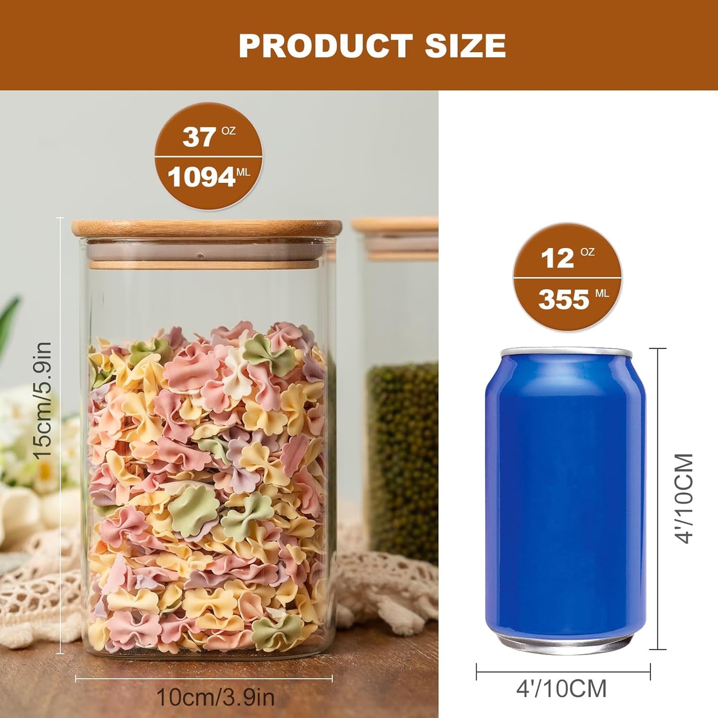 Skiennix Glass Food Storage Jars - 37 Oz Airtight Canisters with Bamboo Lids | Set of 6 for Tea, Coffee, and More