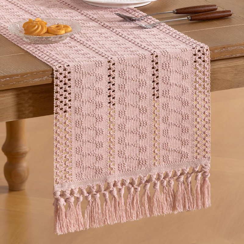 Socomi Boho Table Runner Summer Farmhouse Rustic Dining Kitchen Centerpiece Decor Small Macrame Woven Cotton Linen Coffee Table Runner for Dresser Scarf Home Decor 12x60 in Pink