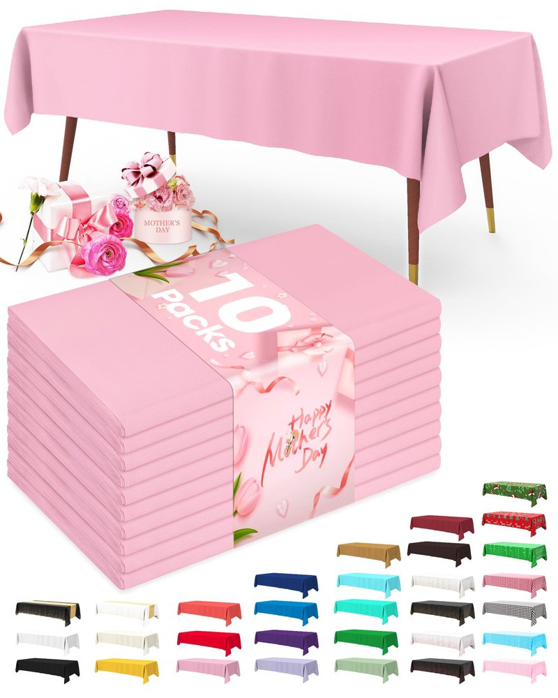 Pureegg Plastic Table Cloth Disposable 10 Pack, 54 x 108 Inch Table Cloths, Easter Party, Valentines, Mothers Day Decorations, Tablecloths, Rectangle, Pastel Plastic Cover, Leakproof & Sturdy, Pink